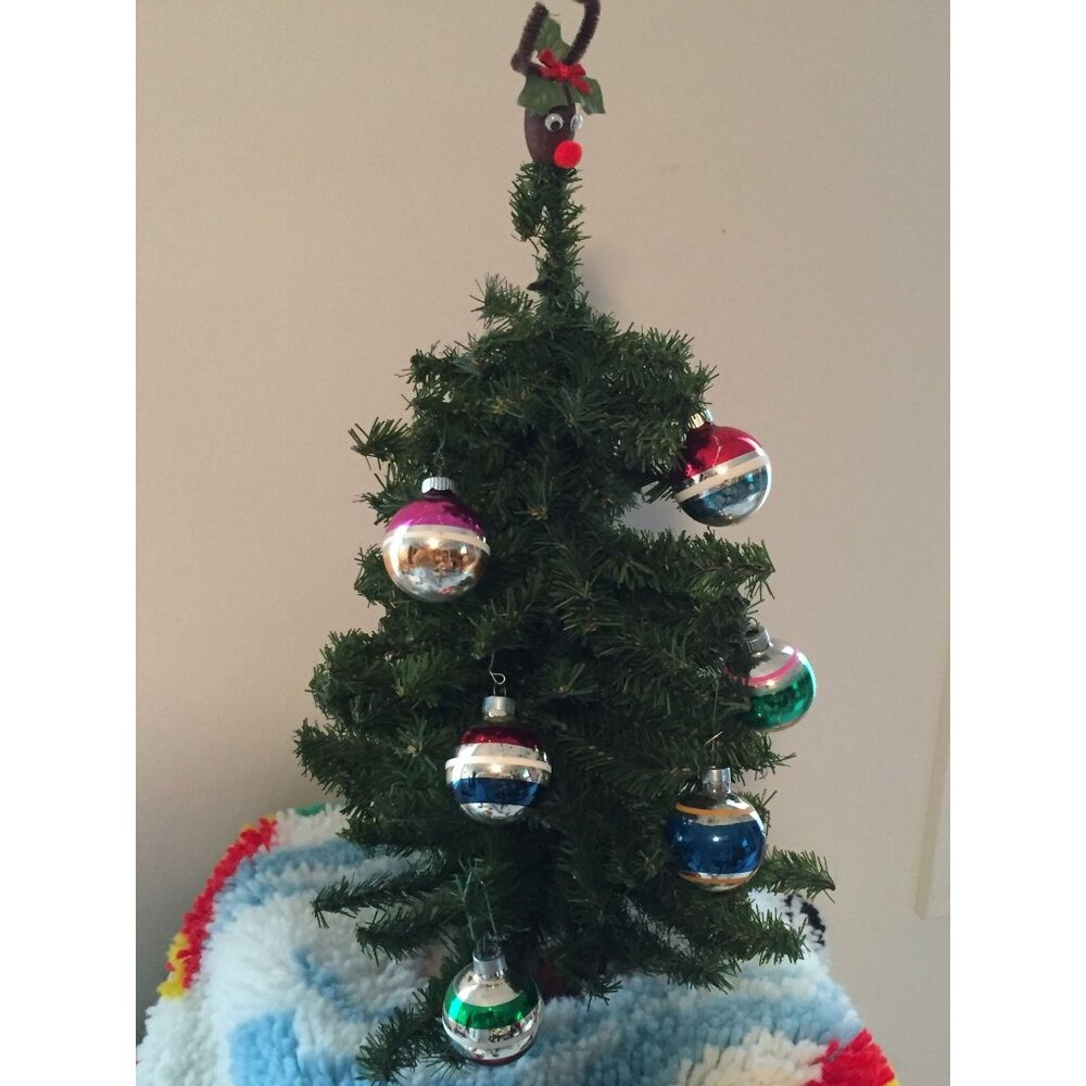 Vintage Five Christmas Tree Shiny Glass Ornaments Retro 1950's Silver Blue Red